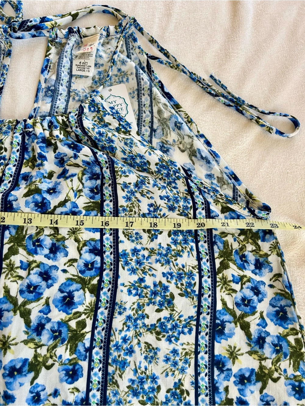 7th Day Blue Floral Women’s Top with Tassel Hem Sz L - Picture 5 of 6